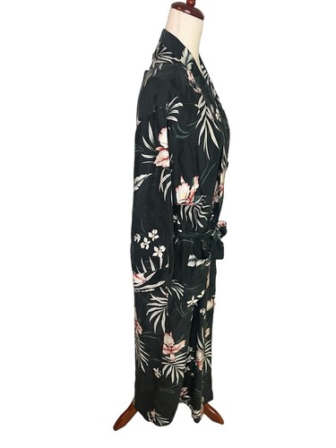 Vtg Tommy Bahama Black & Pink Tropical Floral 100% Silk Tie Robe Pockets Small - Picture 4 of 9