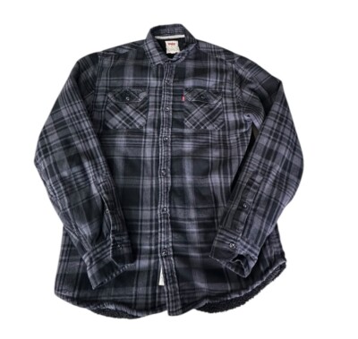 Levis Flannel Shirt Jacket Mens Small Gray Plaid Heavy Sherpa Lined Work Outdoor