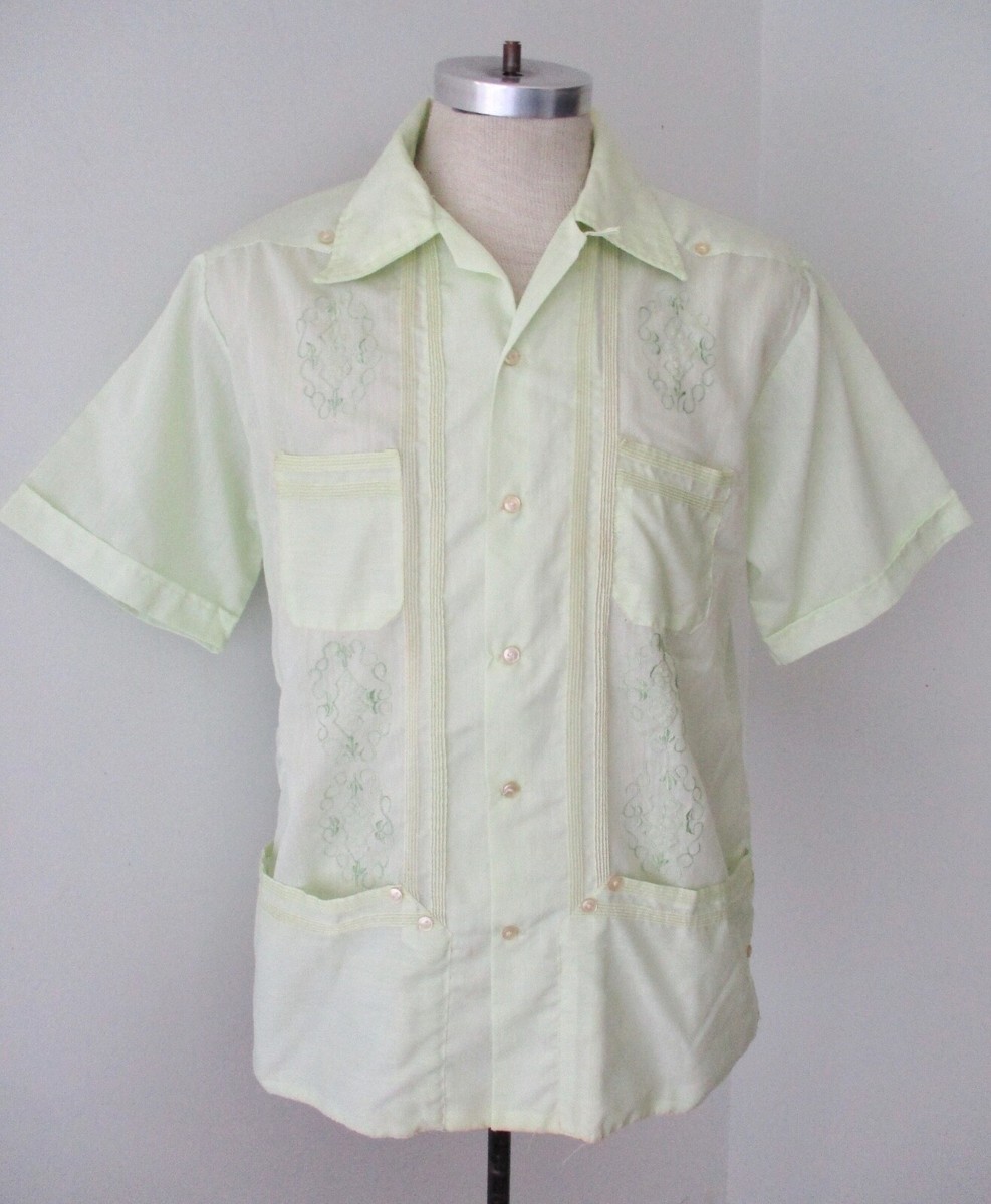 Vtg Citron Green Button Loop Guayaberas Cuban Wedding Shirt Embroidered  Sheer 42