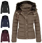 Womens Quilted Pocket Belt Padded Jacket Proof Warm Fur Zip Hooded Long UK 8-16
