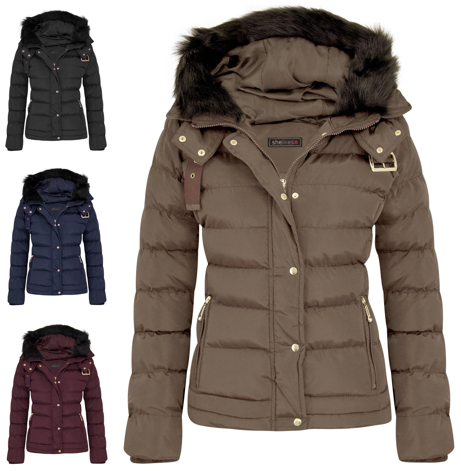 Womens Quilted Pocket Belt Padded Jacket Proof Warm Fur Zip Hooded Long UK 8-16