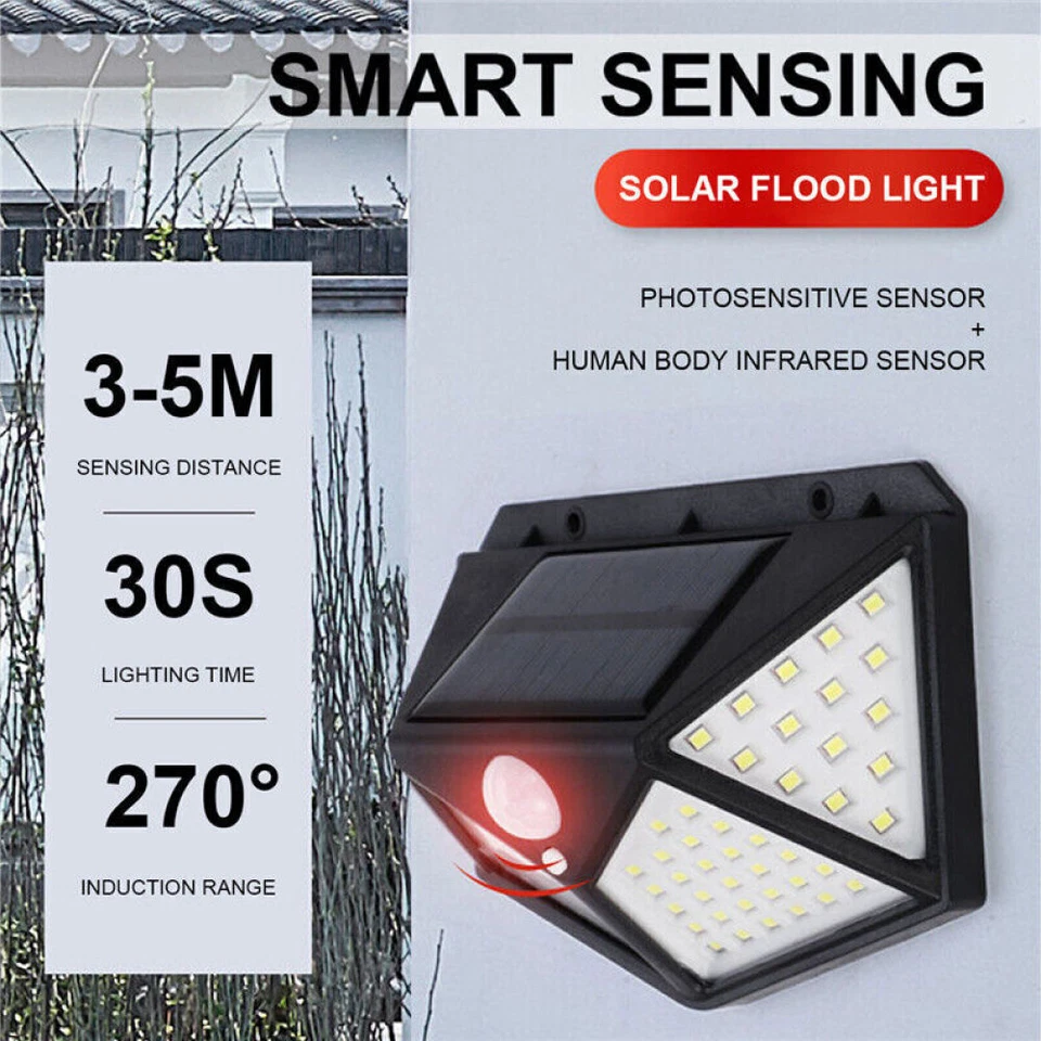 100 LED Solar Power PIR Motion Sensor Lights Wall Lamp Outdoor Garden Security - Image 3 of 4