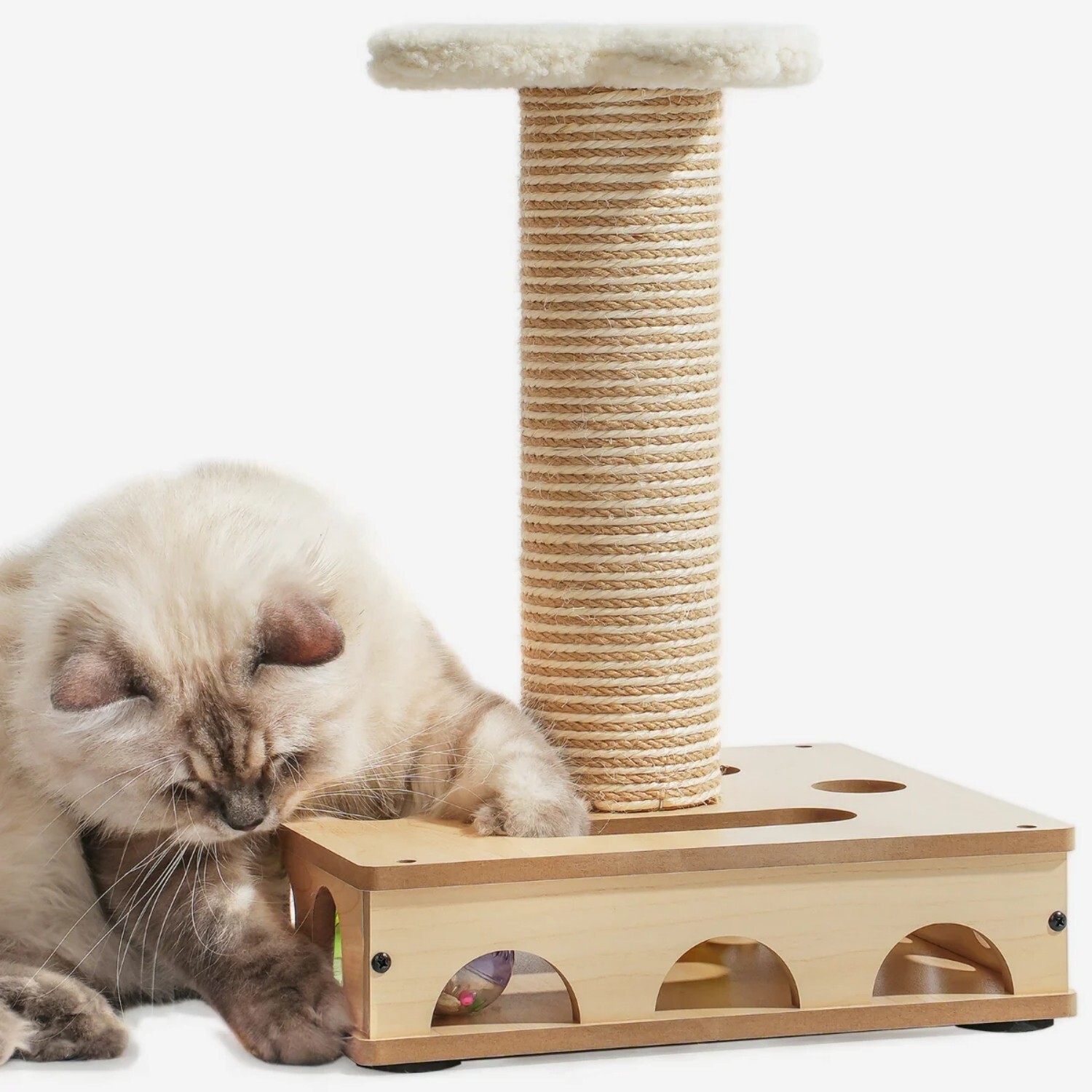 Mewoofun Sisal Cat Scratching Post Interactive Wooden Cat Toy Puzzle Box Cat Toy