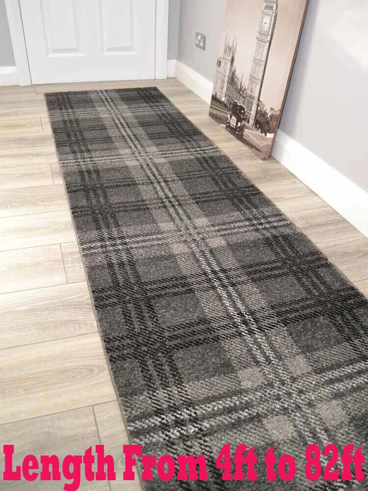 Grey Tartan Hall Runner Rug Carpet Corridor Rugs Very Long Hallway ANY Length
