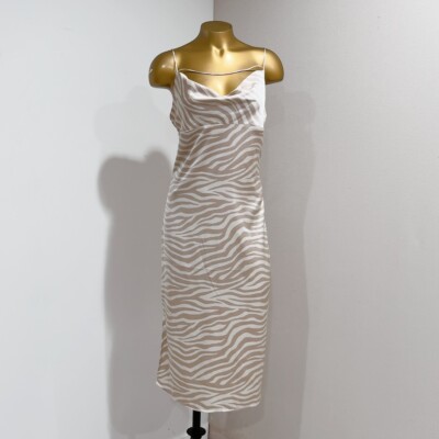 Forever 21 Women's Taupe/Cream Satin Zebra Print Midi Dress Size S