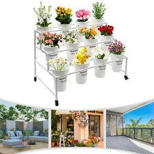 3 Tier Moving Shelf Flower Display Stand Metal Flower Display Rack + 12 Buckets