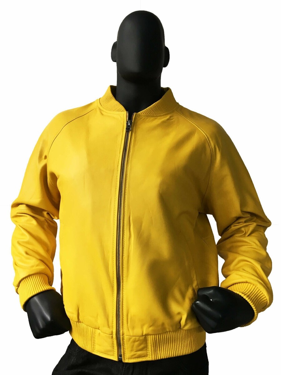 Men's Real Lambskin Yellow Bomber Jacket Baseball Varsity Style