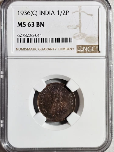 India 1/2 Pice 1936C NGC MS 63 BN