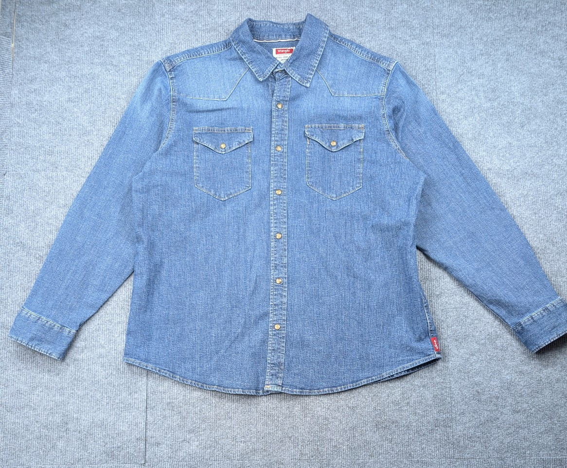 Wrangler Pearl Snap Denim Shirt Mens XL Blue Jean Western Rodeo Work Wear Yoke