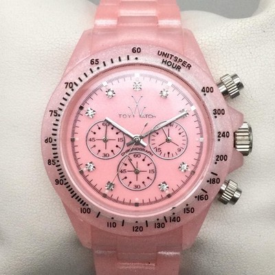 ToyWatch Womens Watch 43mm Pink Chronograph Resin Diamond New Battery 7.25''
