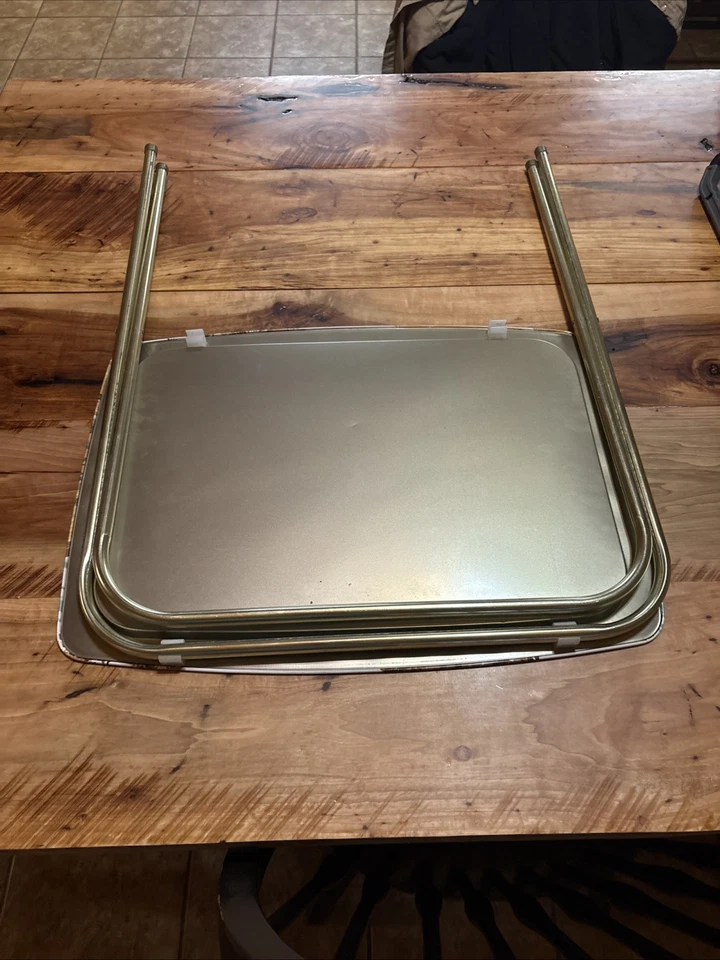 MCM Vintage Folding TV Tray Tables ca. 1970, Scenic Trays, Gold Legs Set of 2 - Image 4 of 4