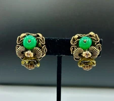 VINTAGE ALICE CAVINESS CLIP ON EARRINGS GREEN GLASS GOLD TONE & MORE