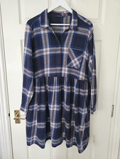 M&S Checked Dress Size 20 Long Sleeves Pockets Part Button Front Cotton