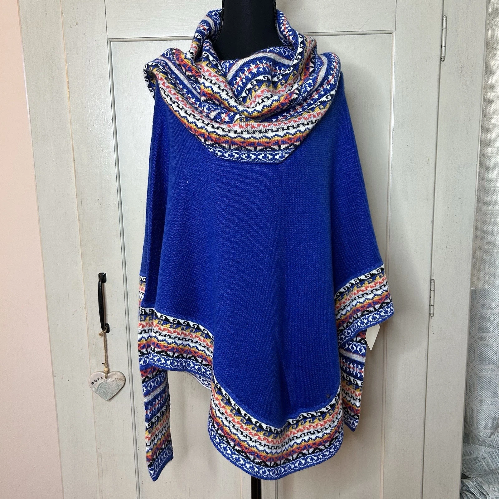 Peruvian Soul Alpaca Blend Poncho Wrap Shawl Blue Trim Boho Chic with sleeve