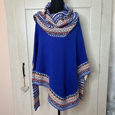 Peruvian Soul Alpaca Blend Poncho Wrap Shawl Blue Trim Boho Chic with sleeve