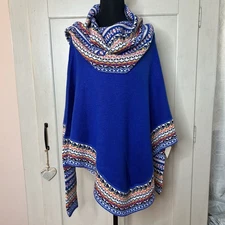 Peruvian Soul Alpaca Blend Poncho Wrap Shawl Colorful Trim Boho Chic with sleeve