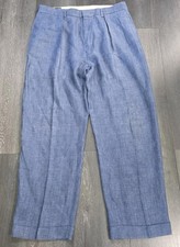 Vintage Polo Ralph Lauren Cuffed Pleated Trouser Pants Blue 100 Linen 36x30