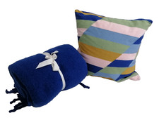 M&S Home Pure Cotton Geometric Embroidered Cushion & Blue Faux Mohair Throw New