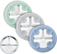 8" Stainless Steel Toddler Plates with Suction, Divided Plates with Removable