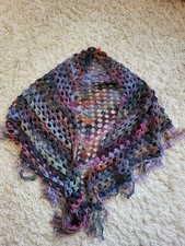 Vintage crochet triangle shawl, multicolor boho wrap with fringe, soft openwork