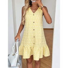 SHEIN Yellow Textured Floral Tie Shoulder Ruffle Hem Mini Dress Size 6 M