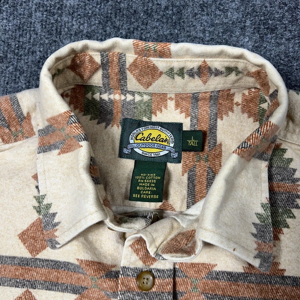 Camisa masculina Cabelas grande alta bege asteca padrão sudoeste algodão com botões - Imagem 2 de 4