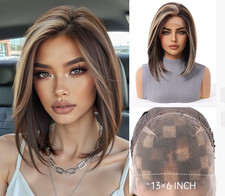 Medium Bob Highlight Brown Large Lace Front Cap Synthetic Hair Wigs Women Soft
