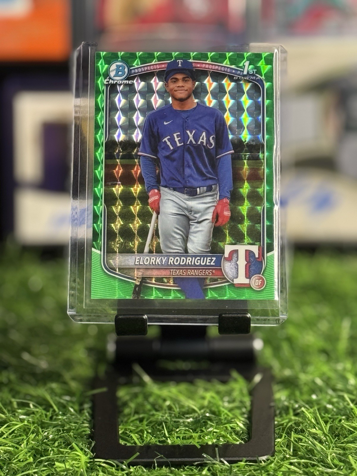2025 Bowman Chrome 1st Elorky Rodriguez Green Geometric Refractor /99! Texas 🔥