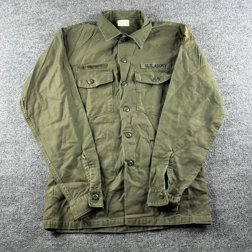 VINTAGE Army Military OG-107 Shirt Mens L Green Sateen Button Up Vietnam 60 70s