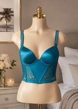 Victoria  s Secret 32DD Shine Strap Lace Push-Up Corset Bra Top Teal Blue