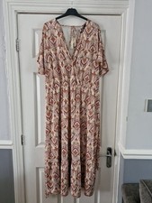 Yours Plus Size 20 Burnt Orange & Cream Calf Length V Neck/back Dress