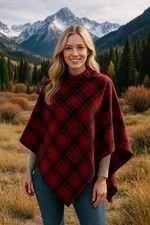 Red Plaid Capelet Poncho One Size Womens Holiday Shawl Gift Wrap Style