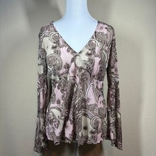 Vtg Y2K Fairy Babydoll Route 66 Women M Pink Brown Paisley Bell Sleeve Top Boho