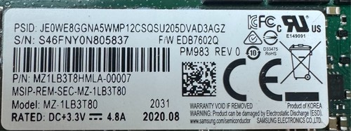 Samsung PM983 3.84TB MZ-1LB3T80 MZ1LB3T8HMLA-00007 NVMe M.2 PCIe SSD 22110 - Afbeelding 2 van 2