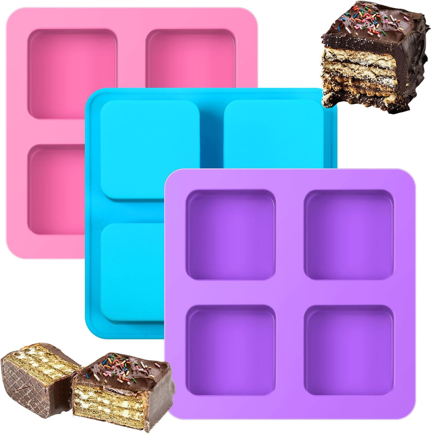 4 Cavity Silicone Square Molds, 3 Pcs Non-Stick Reusable S'Mores Trays