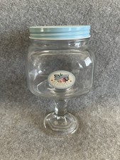 Mason Style Pedestal Footed Glass Sweet Jar Screw Lid Blue Blooming Beautiful