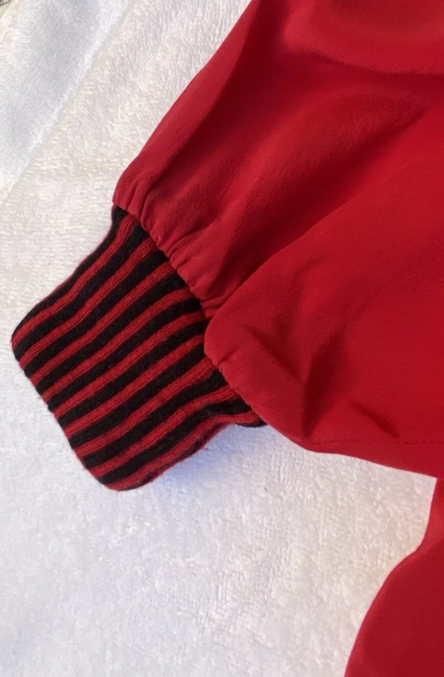 SAINT LAURENT Camicia vintage Yves St. Laurent M seta rossa + finiture nere a righe collo lungo Sl barca