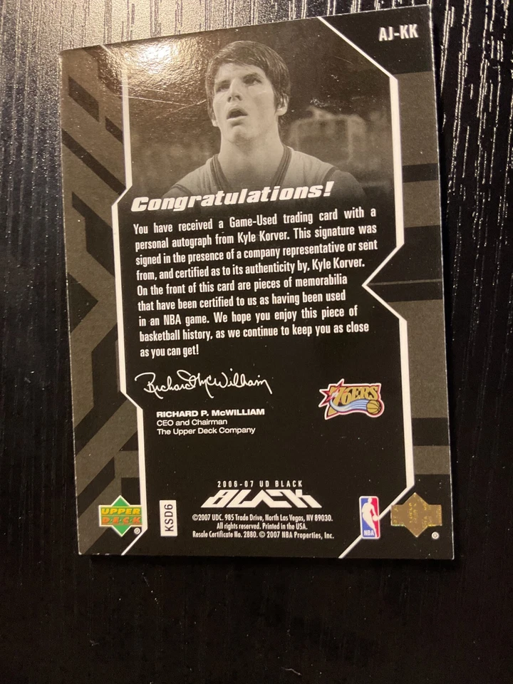Kyle Korver 2007 Upper Deck Black #AJ-KK Black Creighton/Philly 76ers 44/50 - Image 2 of 2
