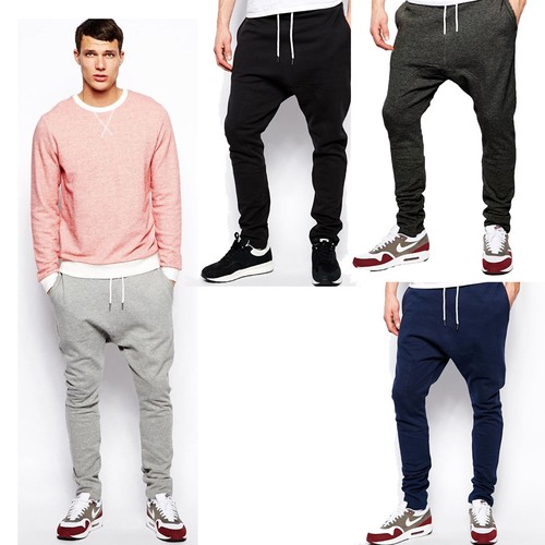MENs Bottoms Joggers Skinny Drop Crotch Jogging Pants Cuffed Tracksuits Biker UK - Picture 2 of 10