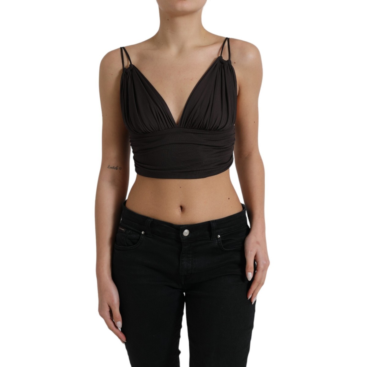 DOLCE & GABBANA Top Tank Brown Viscose Plunging V-neck Cropped