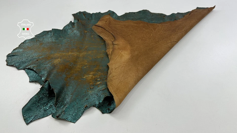 METALLIC TEAL GREEN CRACKED Thick Soft Lamb Leather 2 skins 12+sqf 1.5mm #C4498 - Image 3 of 4