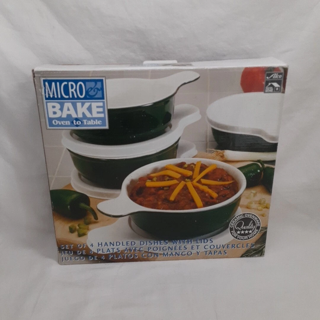 Alco Micro & Bake Oven To Table Set Of 4 Handled Dishes Ceramic With Lids Green