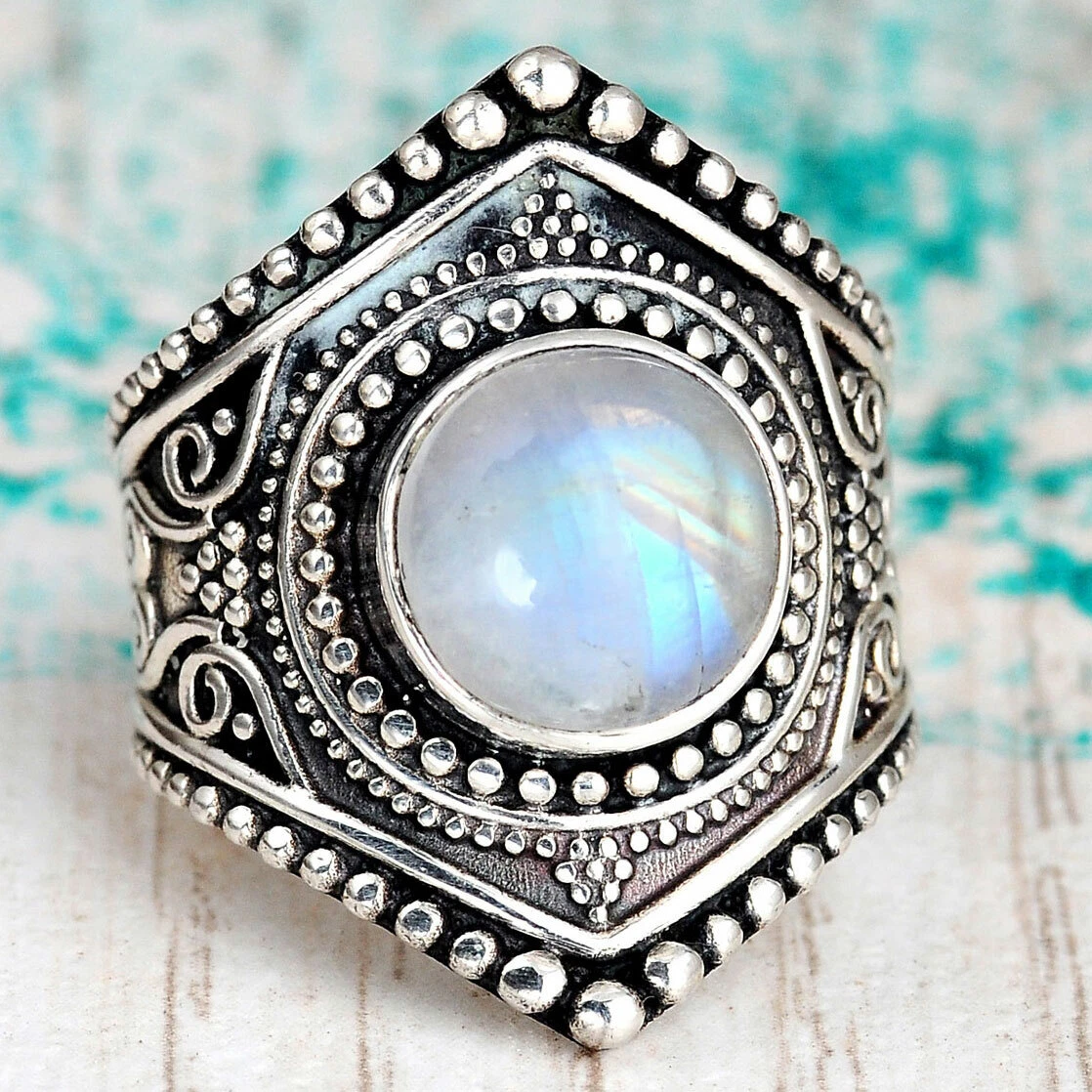 Boho Sterling Silver Moonstone Ring for Women Gemstone Stone