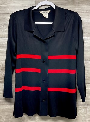 Exclusively Misook Red Black Striped Button Front Cardigan Women s Size S Petite