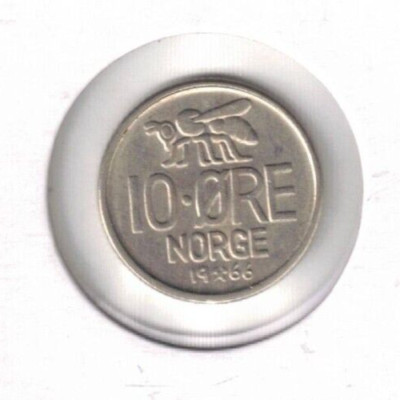 1966 Norway Uncirculated Olav V Crowned Monogram & Honeybee Value 10 Ore Coin!
