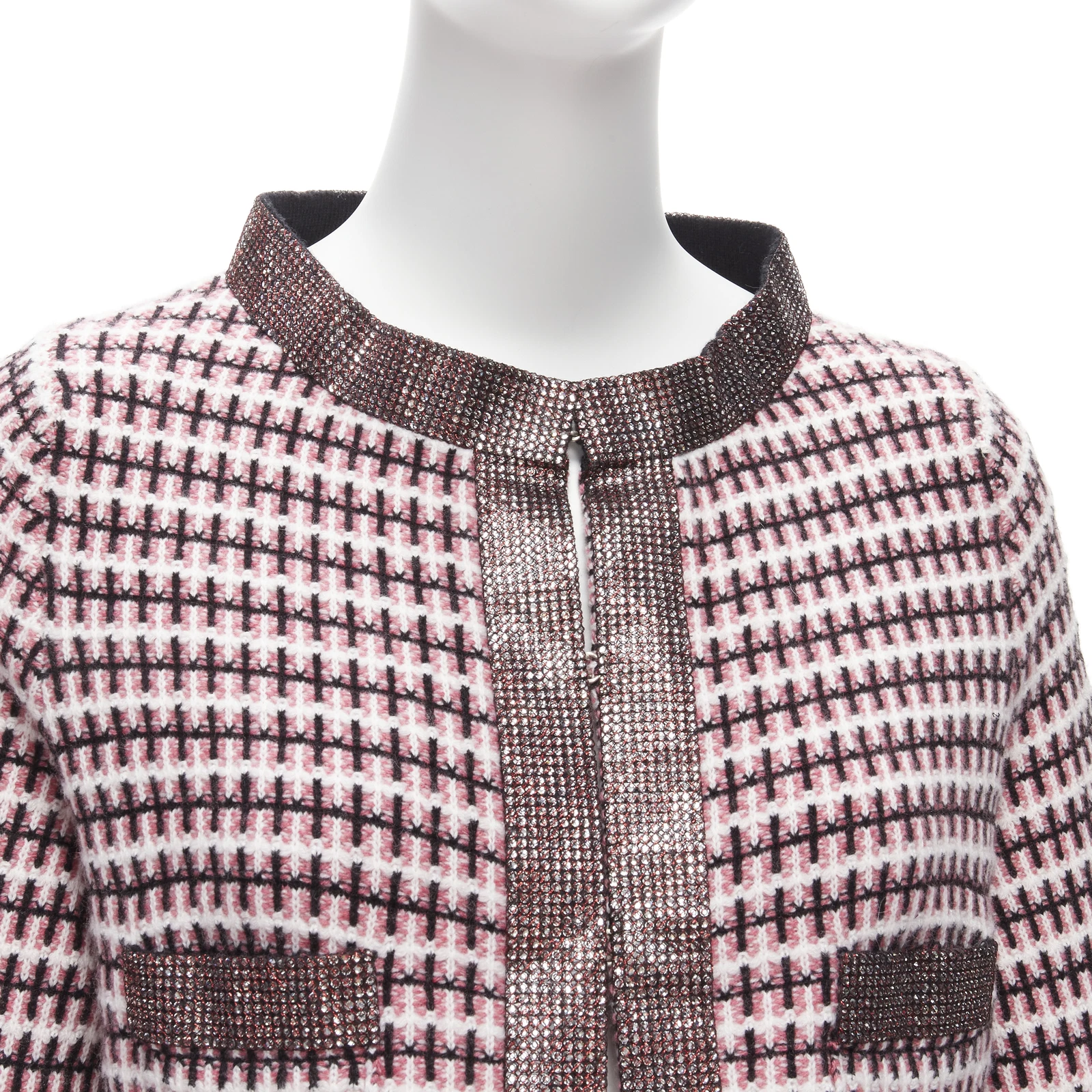 Giacca cardigan CHANEL rosa 100% cashmere tweed bordo cristallo swing FR34 XS