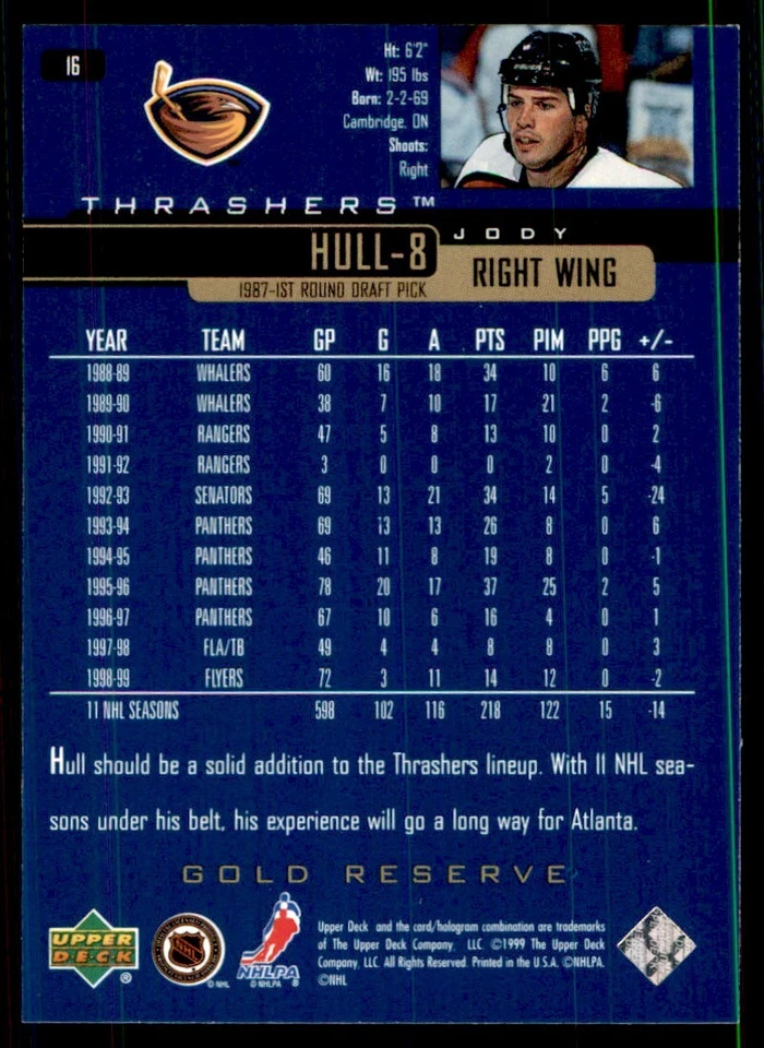 1999-00 Upper Deck Gold Reserve Jody Hull Atlanta Thrashers #16 - Image 2 of 2