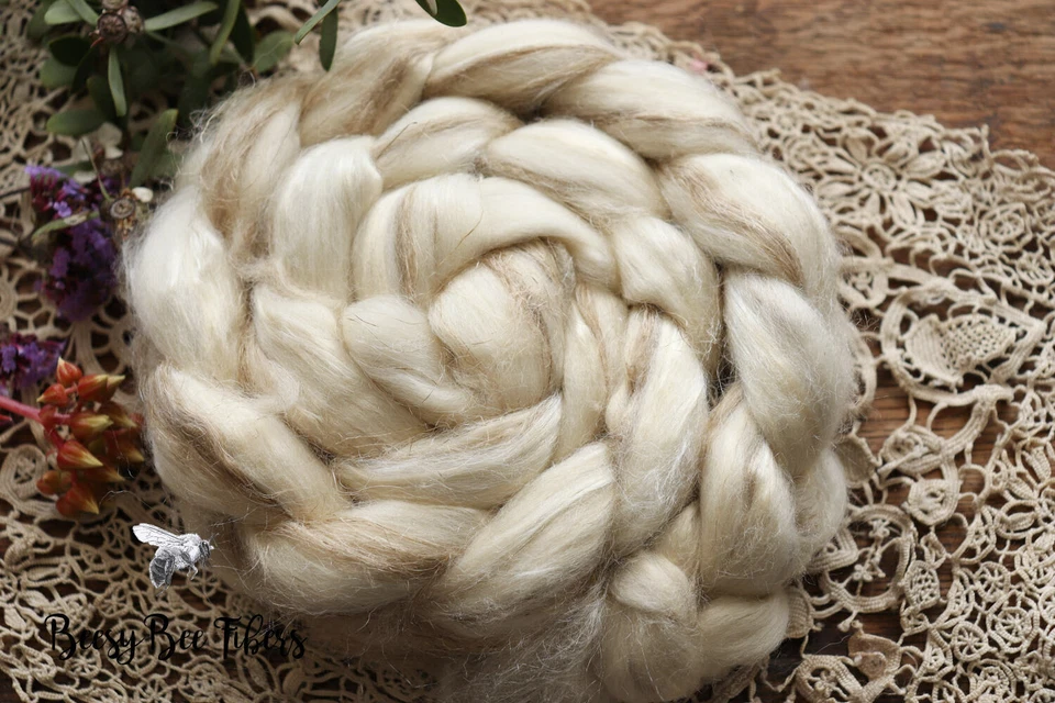 Merino Wool Roving, Tussah Silk, Flax Undyed Combed Top Blend Wool - 4 oz - Image 2 of 4