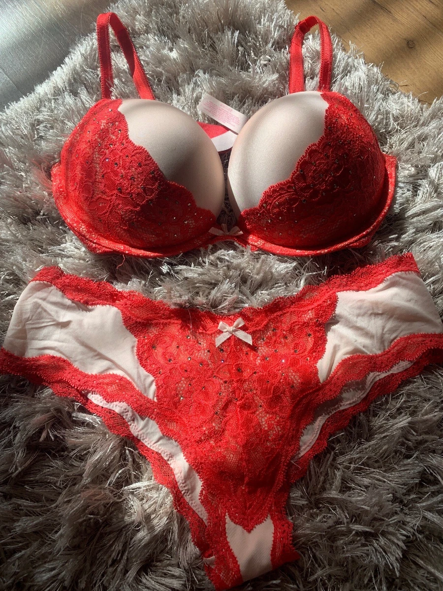 34C Small Victorias Secret Very Sexy Dream Angels Bra & Panty Set Red Nude  Lace