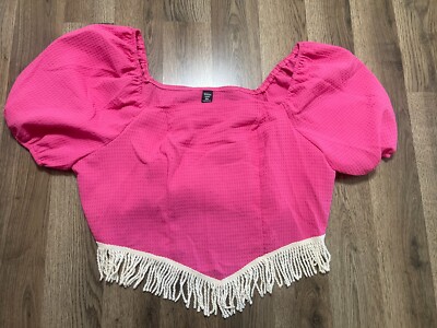 Joress Curve Crop Tp[. Women's Plus Size 1XL, Pink, Fringe Hem, Puff Sleeve